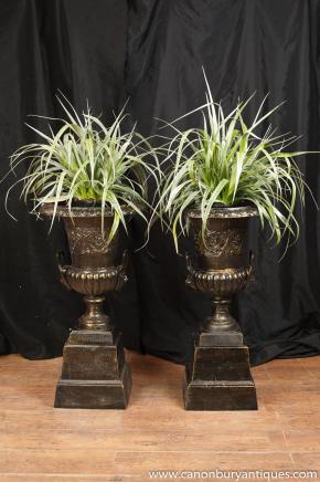 Pair Cast Iron Urns - Garden Campana Urn English Victorian Stands
